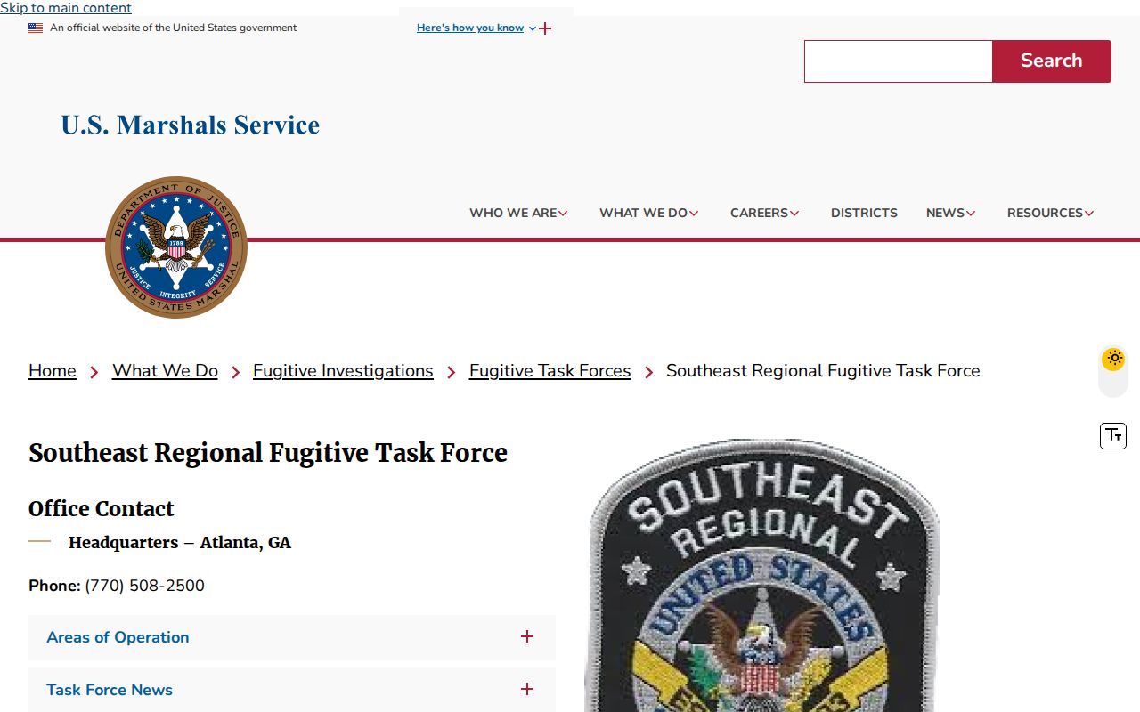 U.S. Marshals Southeast Regional Fugitive Task Force official program page