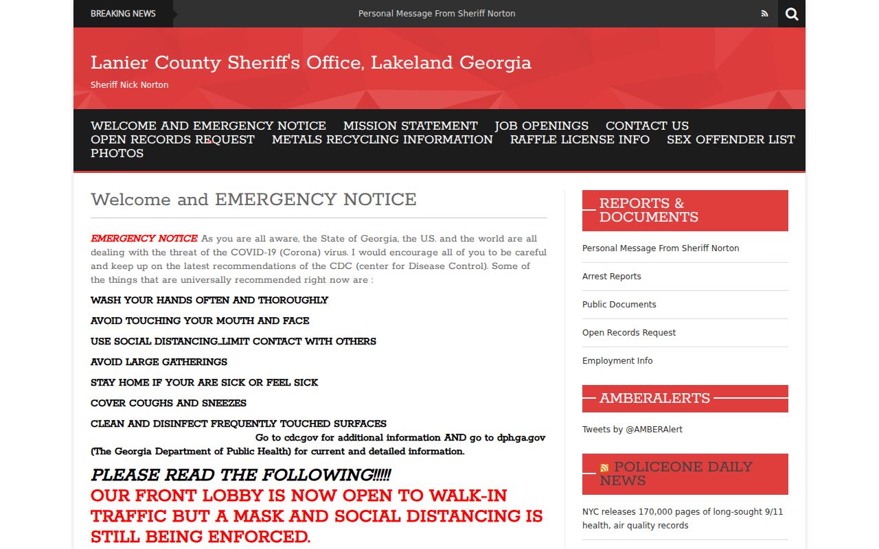 Official Lanier County Sheriff's Office contact and warrant role page